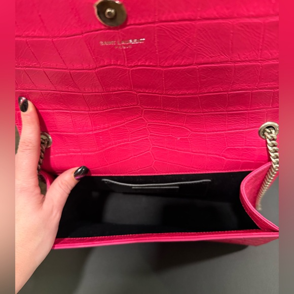 YSL Calfskin Croc Embossed Medium Classic Monogram Kate Tassel Fuchsia - Picture 10 of 13